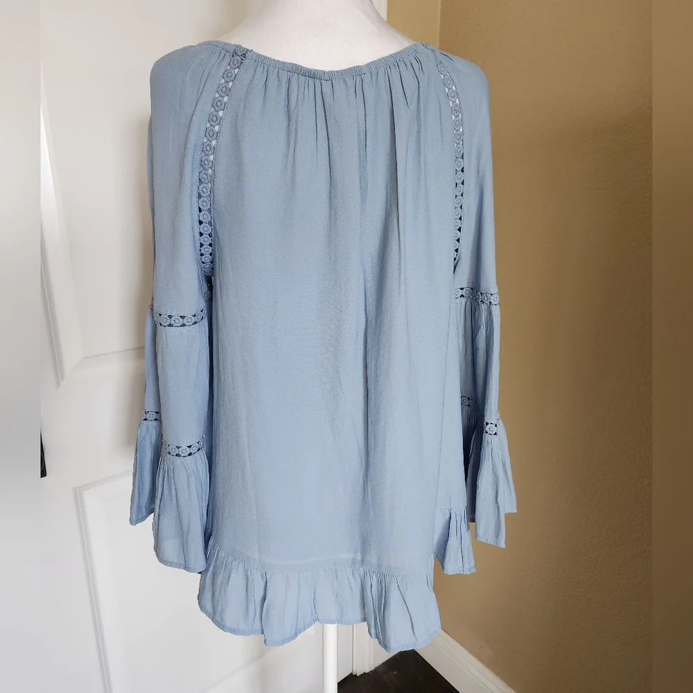 INC International Concepts Women's Ruffled Crochet-Trim Top, Blue, Size Medium - Picture 7 of 8